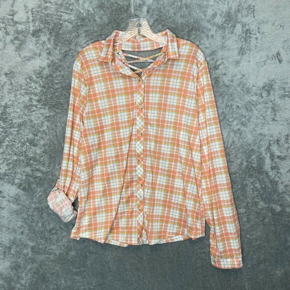 Women Colorful Plaid Lace Up Back Roll Tab Long Sleeve Button Up Shirt XL NWT - Picture 1 of 14